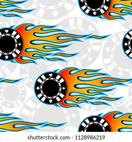 Casino poker chips symbols printable seamless pattern with hotrod flames. Vector illustration. Ideal for wallpaper packaging fabric textile wrapping paper design.