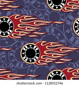 Casino poker chips symbols seamless pattern with hotrod flame. Printable vector illustration. Ideal for wallpaper packaging fabric textile wrapping paper design.