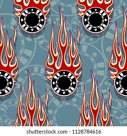 Casino poker chips symbols seamless pattern with hotrod flame. Printable vector illustration. Ideal for wallpaper packaging fabric textile wrapping paper design.