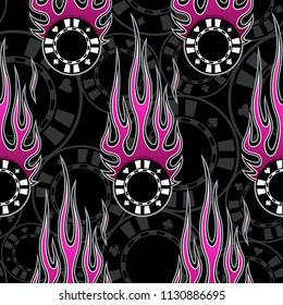 Casino poker chips symbols seamless pattern with hotrod flame. Printable vector illustration. Ideal for wallpaper packaging fabric textile wrapping paper design.