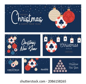 Casino Poker Christmas card flat set. Merry Christmas sport greeting card. Hang on a thread casino poker chip as a xmas ball and colorful bauble on blue star background