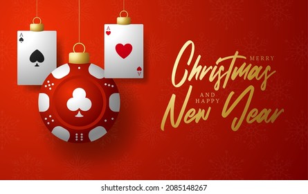 Casino Poker Christmas card. Merry Christmas sport greeting card. Hang on a thread casino poker chip as a xmas ball and golden bauble on red background