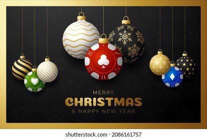 Casino Poker Christmas card. Merry Christmas sport greeting card. Hang on a thread casino poker chip as a xmas ball and golden bauble on black background