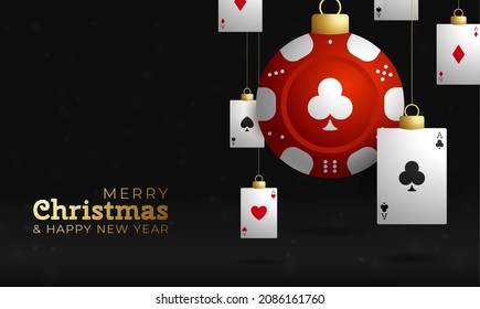 Casino Poker Christmas card. Merry Christmas sport greeting card. Hang on a thread casino poker chip as a xmas ball and golden bauble on black background