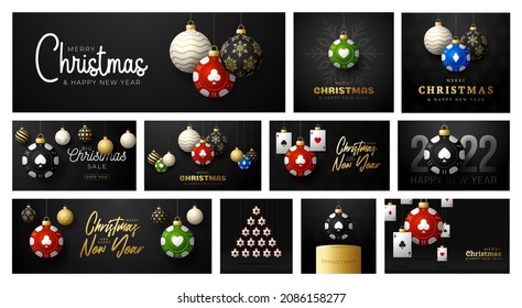 Casino Poker Christmas card set. Merry Christmas sport greeting card. Hang on a thread casino poker chip as a xmas ball and golden bauble on black background