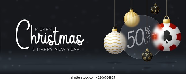 Casino poker Christmas sale banner or greeting card. happy new year and merry christmas banner with glassmorphism, glass-morphism or glass morphism blur effect. Realistic vector illustration.