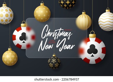 Casino poker Christmas sale banner or greeting card. happy new year and merry christmas banner with glassmorphism, glass-morphism or glass morphism blur effect. Realistic vector illustration.