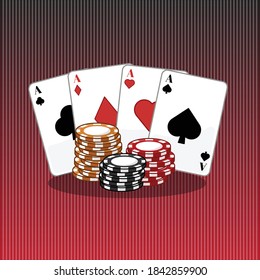 Casino poker cips and playing cards set vector illustration. Concept of casino and poker background and banner concept. Isometric cards and chips with red background.