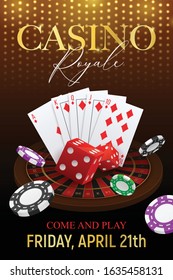 Casino poker club event announcement invitation realistic festive background poster with cards dice chips golden font vector illustration