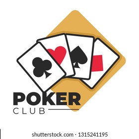 Casino poker club gambling games play cards isolated icon blackjack or roulette wheel and slot machines online service emblem or logo money stakes and betting clubs and hearts spades and diamonds