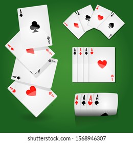 Casino or poker club, play cards aces set, gambling games on green field vector. Blackjack and money stakes or betting and win, paper playing equipment. Clubs and hearts, spades and diamonds suits