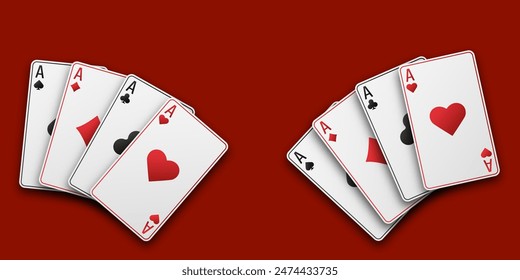 Casino or poker concept. Fan of hand playing cards. Red playing table. Aces with the suit of hearts, clubs, diamonds and spades. Vetor illustration.