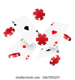 Casino poker design template. Falling poker cards and chips. Winner concept. Casino lucky background. Vector illustration