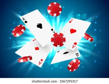 Casino poker design template. Falling poker cards and chips. Winner concept. Casino lucky background. Vector illustration