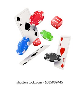 Casino poker design template. Falling poker cards and chips dice game casino concept.