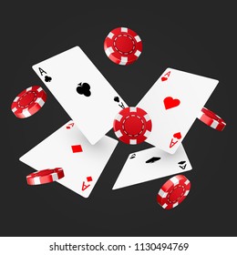 Casino poker design template. Falling poker cards and chips. Winner concept. Casino lucky background. Vector illustration