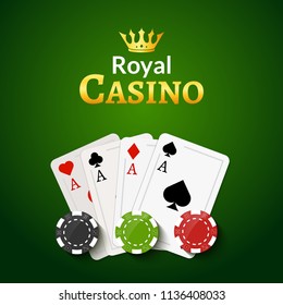 Casino poker design template. Falling poker cards and chips game concept. Casino lucky background isolated.