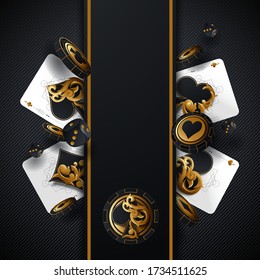 Casino poker design template. Falling poker cards and chips game concept. Casino lucky background isolated.