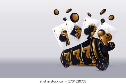 Casino poker design template. Falling poker cards and chips game concept. Casino lucky background isolated.