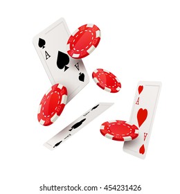 Casino poker design template. Falling poker cards and chips game concept. Casino lucky background isolated.