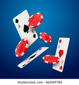 Casino poker design template. Falling poker cards and chips game concept. Casino lucky background isolated.