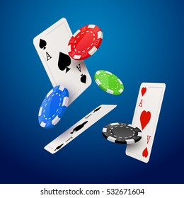 Casino poker design template. Falling poker cards and chips game concept. Casino lucky background isolated.