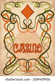 Casino Poker diamonds card in art nouveau style, vector illustration