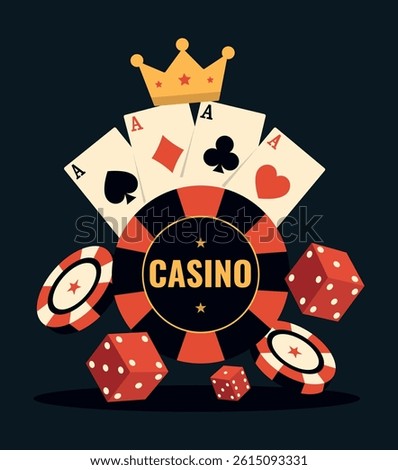 Casino and poker. Flat design vector logo with casino text and chips, dice, cards, suits. Vintage logo for casino design projects, roulette on dark black background