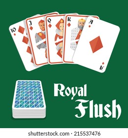 Casino poker gambling diamond royal flush hand and card pile composition vector illustration