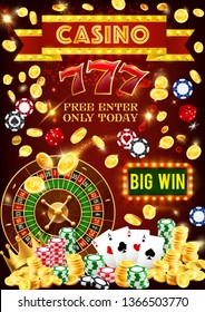 Casino poker gambling games poster. Vector casino neon sign, poker ace cards and slot machine with golden coins bingo win, wheel of fortune and dice with lucky seven number or croupier gamble chips