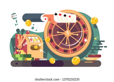 Casino poker and gambling vector illustration. Roulette, slot matching table and card amusements flat style design. Games of chance addiction concept