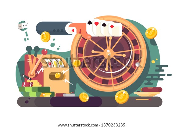 カジノポーカーとギャンブルのベクターイラスト ルーレット スロットマッチングテーブル カードの楽しみがフラットスタイルのデザインです 偶然のゲーム中毒のコンセプト のベクター画像素材 ロイヤリティフリー