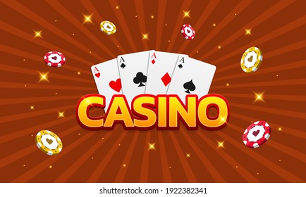 Casino, poker, game cards and chips. Can be used as a flyer, poster, banner for advertisement. Vector illustration on a red background.