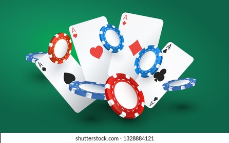 Casino poker game design template. Falling poker cards and chips casino background isolated. 