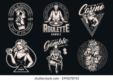 Casino and poker game vintage labels with hand holding burning ace of spades attractive women with playing cards croupier skeleton gambler in tuxedo and king with sword isolated vector illustration