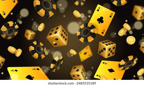 Casino poker. Golden chips. Black cards. Playing dices. Game money. Gamble gold coins. Falling bets. Blackjack ace. Lucky rays. Vegas gambling. Roulette chance. Blurry gaming slots. Vector background