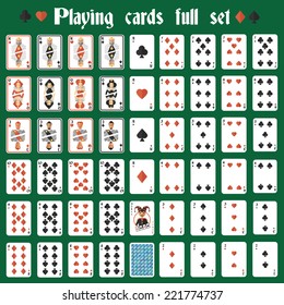 Casino poker hazard playing cards full set isolated vector illustration