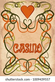 Casino Poker hearts card in art nouveau style, vector illustration
