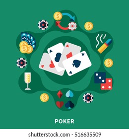 Casino poker icons round composition with cards coins dice symbols flat vector illustration