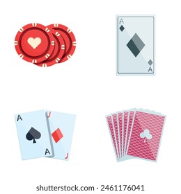 Iconos de póquer de casino Vector de dibujos animados. Casino de póquer de cartas y fichas. Pasatiempo, adicción