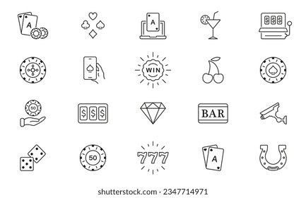 Casino and Poker Line Icon Set. Play Gambling Game Black Outline Sign. Bet Lottery, Jackpot 777 in Vegas Symbol Collection. Betting Poker, Casino, Gamble Game Pictogram. Isolated Vector Illustration.
