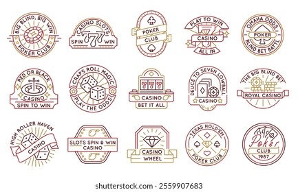 Casino and poker logos, labels, icons. A set of 15 casino logotypes like playing cards, casino wheel, crops. Perfect for branding casinos, gaming business, and poker events. Vector illustration. 