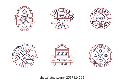 Casino and poker logos, labels, icons. A set of 6 casino logotypes like playing cards, casino wheel, crops. Perfect for branding casinos, gaming business, and poker events. Vector illustration. 