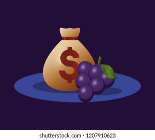 casino poker money bag and grapes