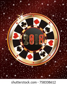 Casino Poker new 2018 year chip, invitation card, vector illustration
