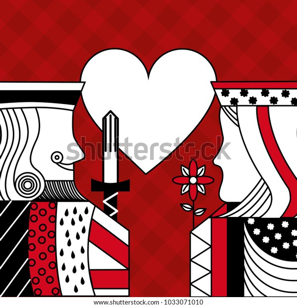 casino poker queen and king heart card game\
red checkered\
background