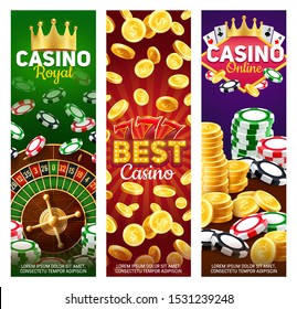 Casino poker and roulette gambling games vector banners with 3d playing cards, roulette wheel, chips and dice, money, gold coins and jackpot 777. Gamble sports, online casino and betting club design