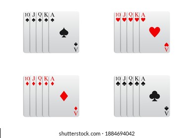 Casino and poker Royal Flush card combination of all card suits. Vector illustration in a realistic style.