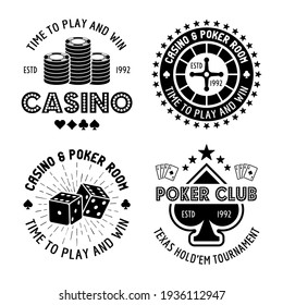 Casino and poker set of four vector monochrome typographic gambling emblems, labels, badges or logos in vintage style isolated on white background