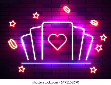 Casino poker signs. Neon logos slot machine gambling emblem, the bright banner neon casino for your projects. Night light billboard, design element. Vector illustration
